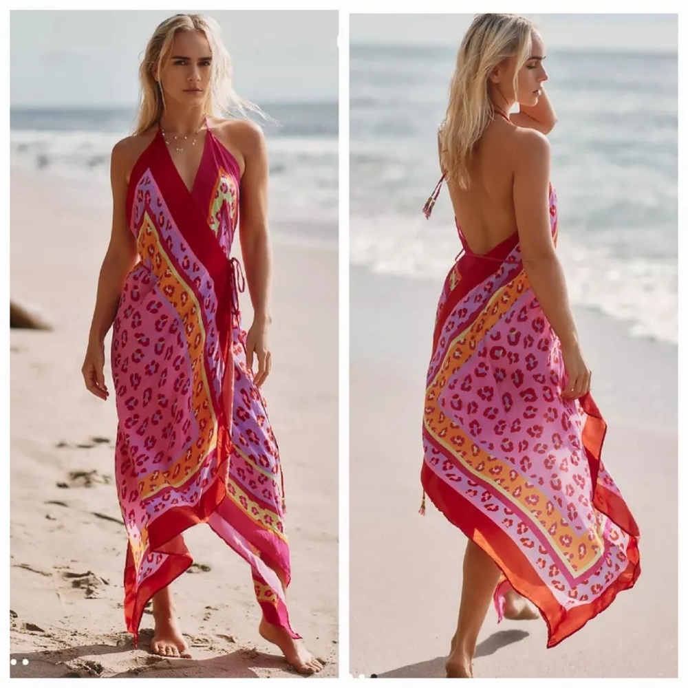 FARM RIO Women's Maxi Leopard Patch Cover-up Wrap Dress Pink Multi XL NWT